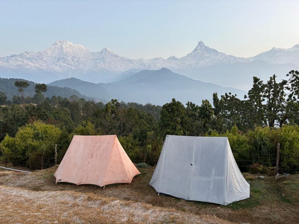 Beautiful Annapurna and Fishtail mountain view with tents during the Australian Camp trek from Pokhara