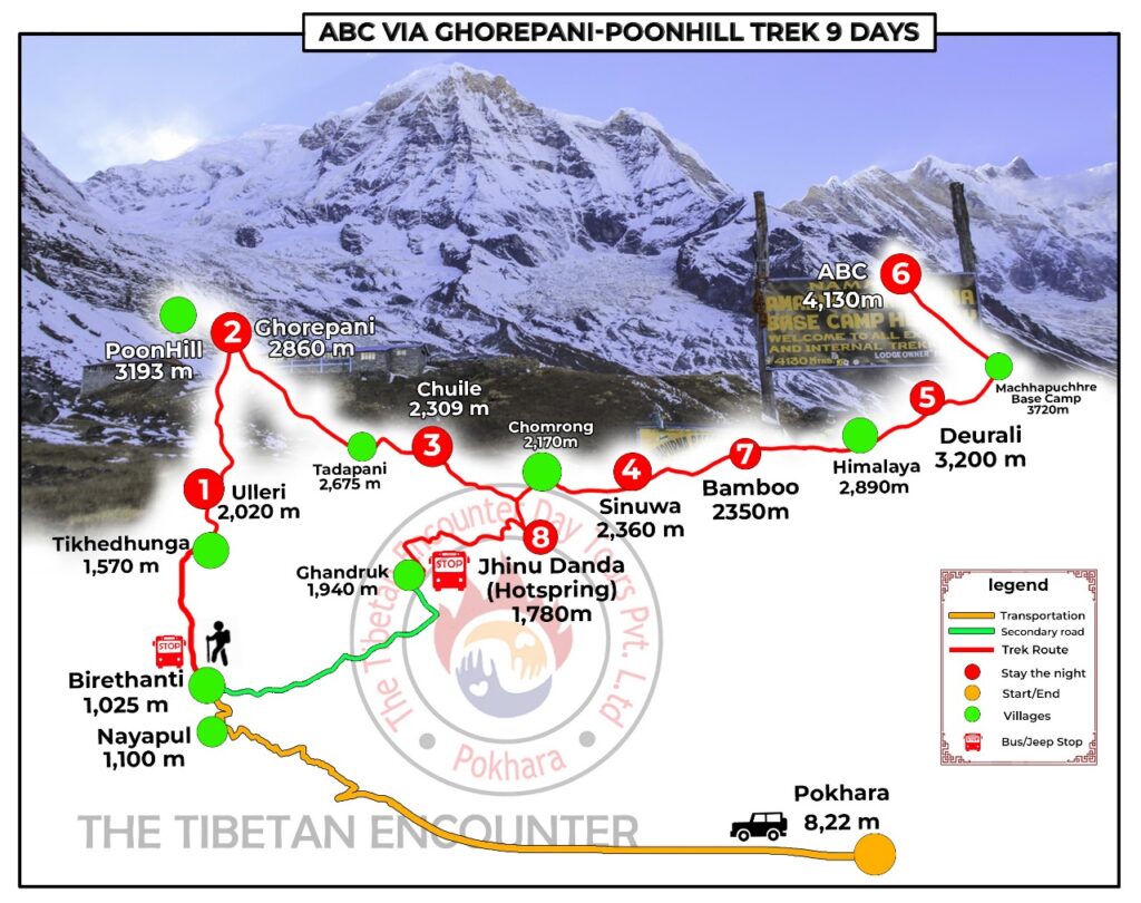 Route map showing the trekking path from Pokhara to Annapurna Base Camp.