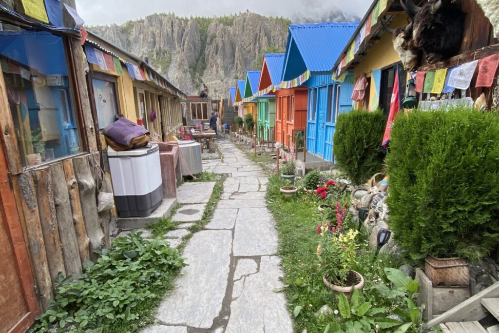 Colourful tea house lodge at Manang village on the Annapurna Circuit from Pokhara