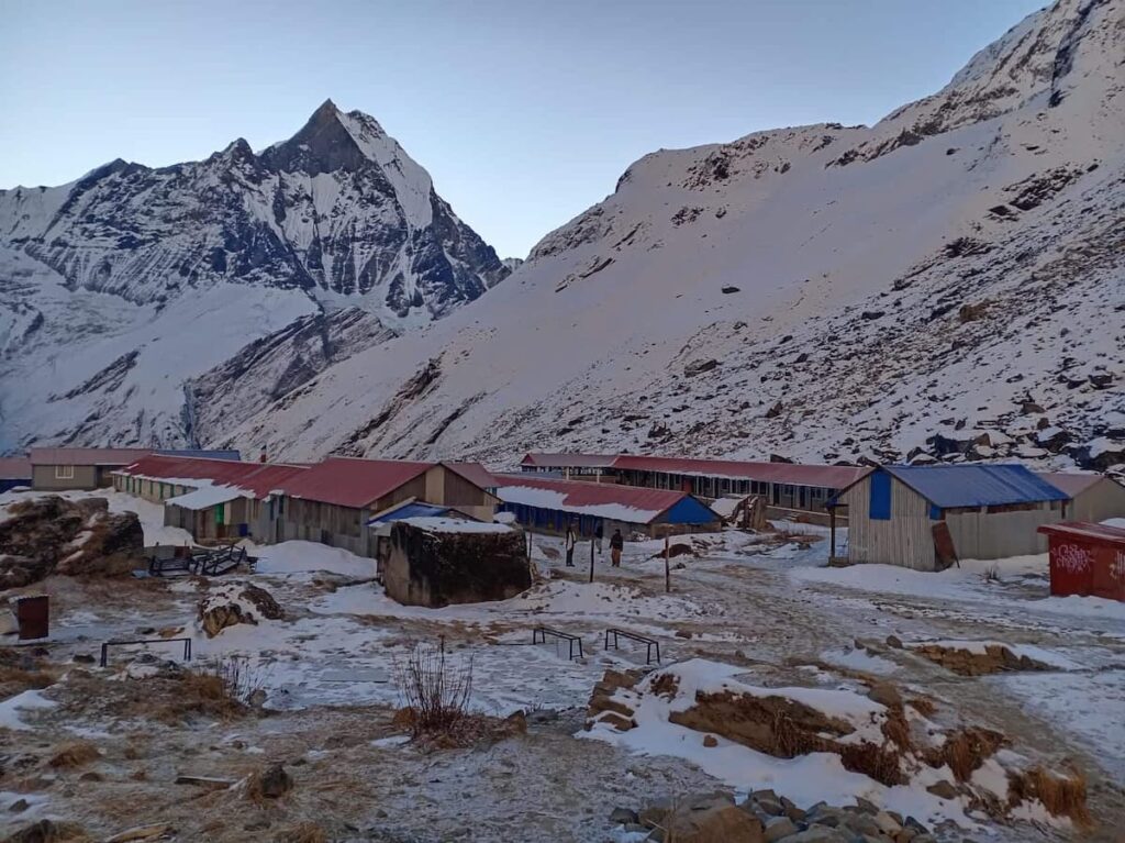 Tea houses and mountain lodges at Annapurna Base Camp (4,130m) with Machhapuchhre Fishtail