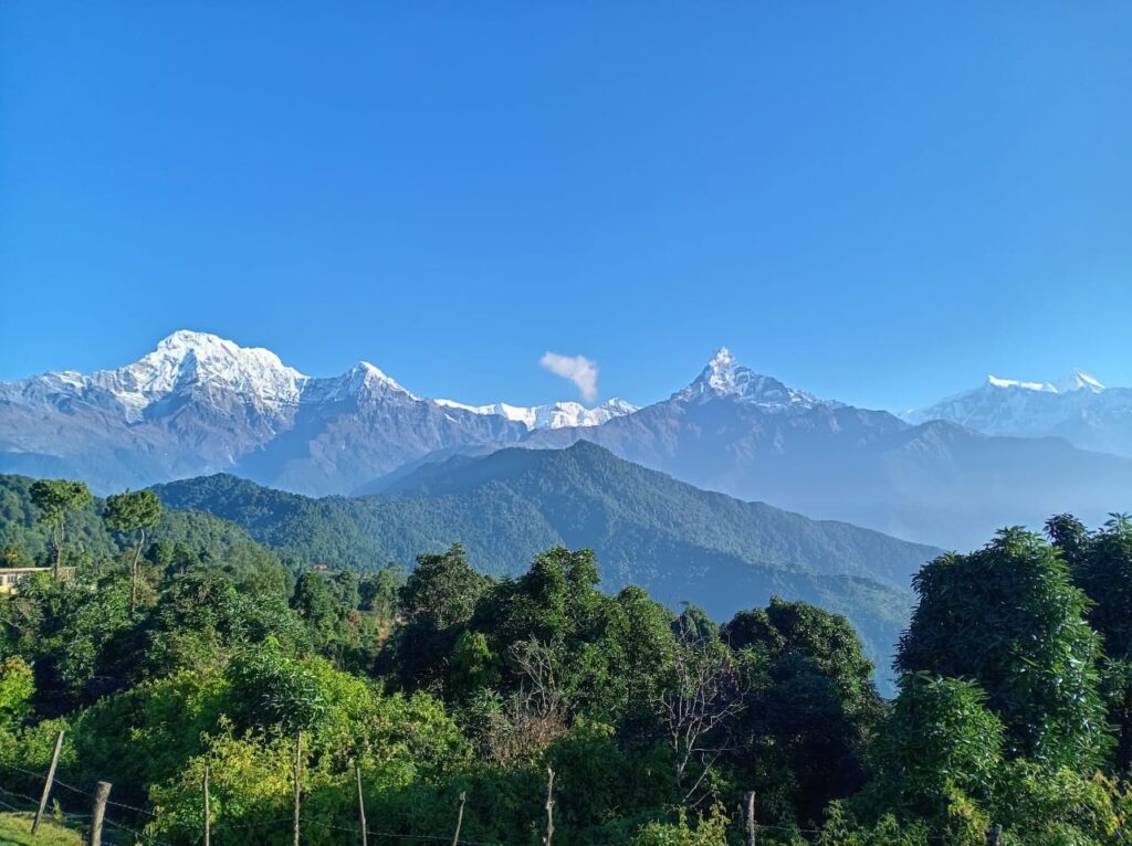 Panoramic Annapurna and Fishtail mountain views from Australian Camp on a day hike near Pokhara