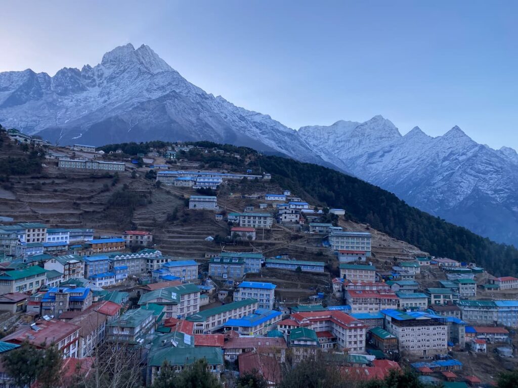 Namche Bazaar amphitheater town at dawn with Kongde Ri peak 6187m in the background Nepal