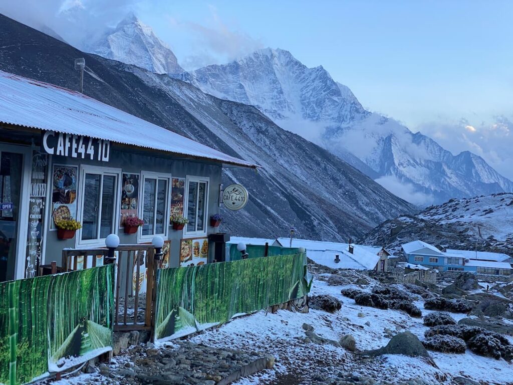 Cafe 4410 at Dingboche on the Nepal Himalayan Trek with Lhotse and Ama Dablam in the background
