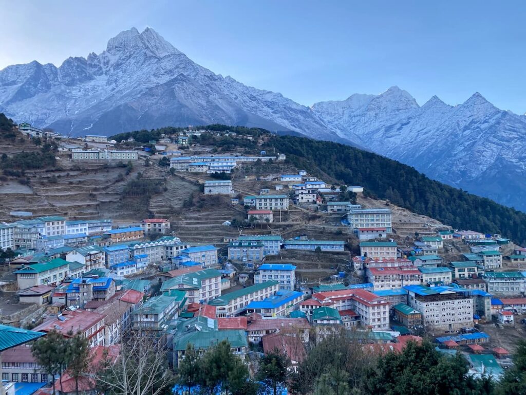 Panoramic view of Namche Bazaar town on the Everest Base Camp Trek with Kongde Ri mountain towering above