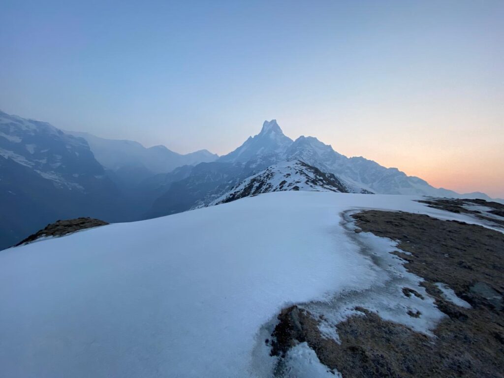 Machhapuchhre Fishtail mountain at pre-dawn sunrise from Mardi Himal Base Camp trek viewpoint