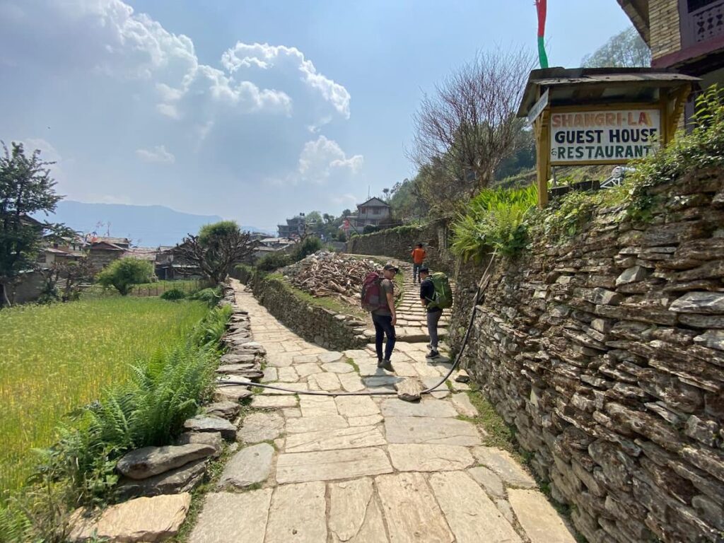 Trekkers walking on a stone trail through Dhampus village on Pokhara day hiking tours