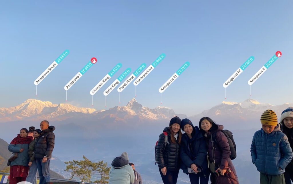 Panoramic mountain views from Sarangkot on
the Kaskikot hike Pokhara showing Annapurna,
Fishtail and surrounding Himalayan peaks