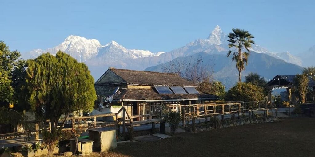 Mountain lodge in Dhampus village with Machhapuchhre Fishtail peak view on an easy day hike in Pokhara