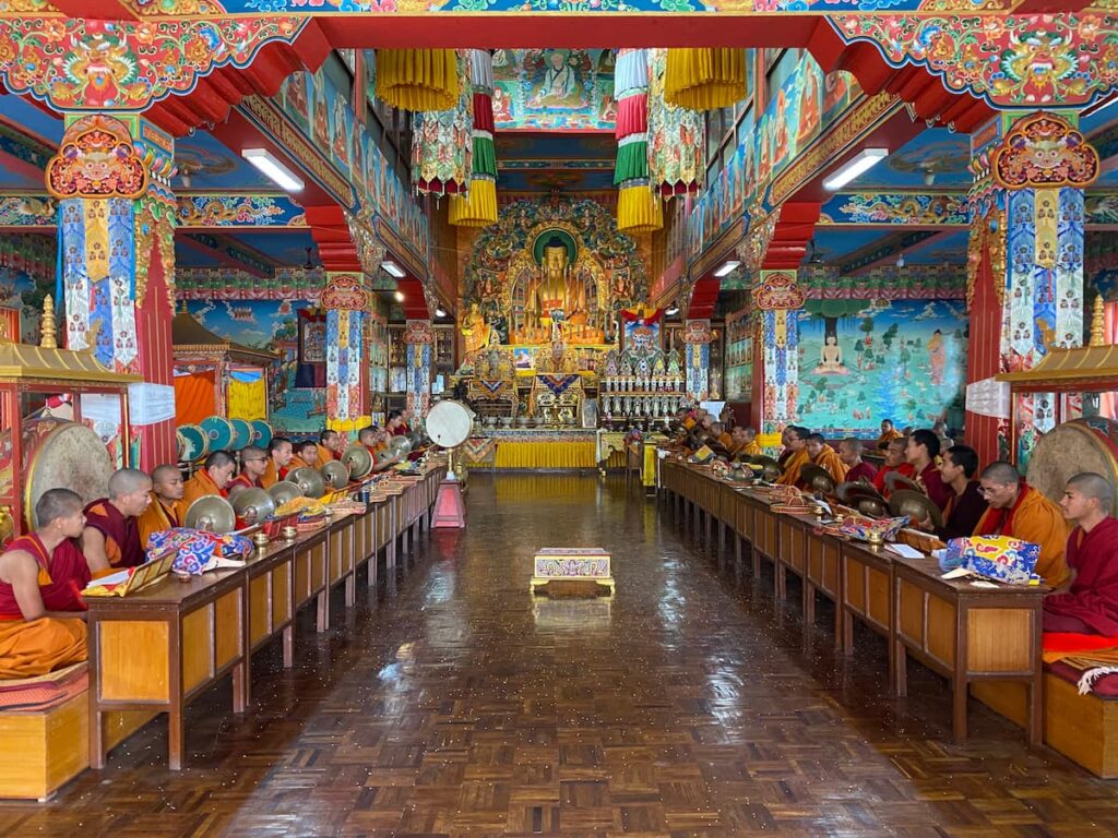 Tibetan monastery tour Pokhara – monks in robes performing afternoon prayer chanting inside a richly decorated Buddhist monastery
