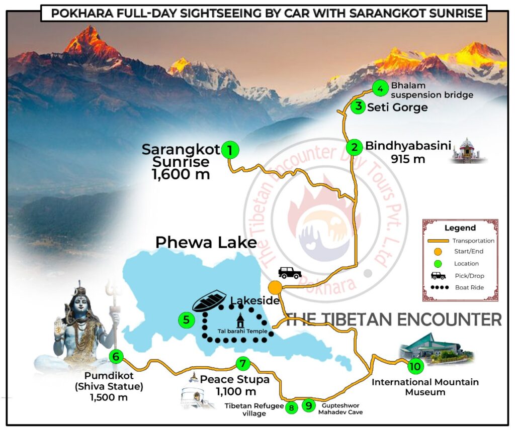 Route map of the Pokhara full-day sightseeing by car with Sarangkot sunrise showing all stops from Lakeside