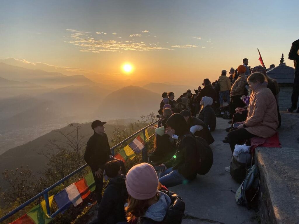Sarangkot sunrise Himalayan mountain view with Tibetan prayer flags Pokhara