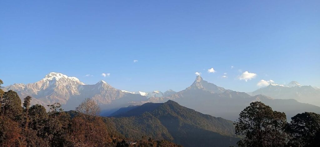 Panorama of Annapurna South and Machhapuchhre seen on easy Annapurna treks near Pokhara