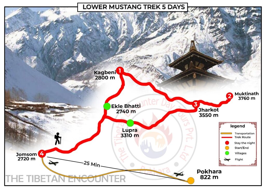 Short treks in Nepal from Pokhara – Lower Mustang Trek 5 Days route map