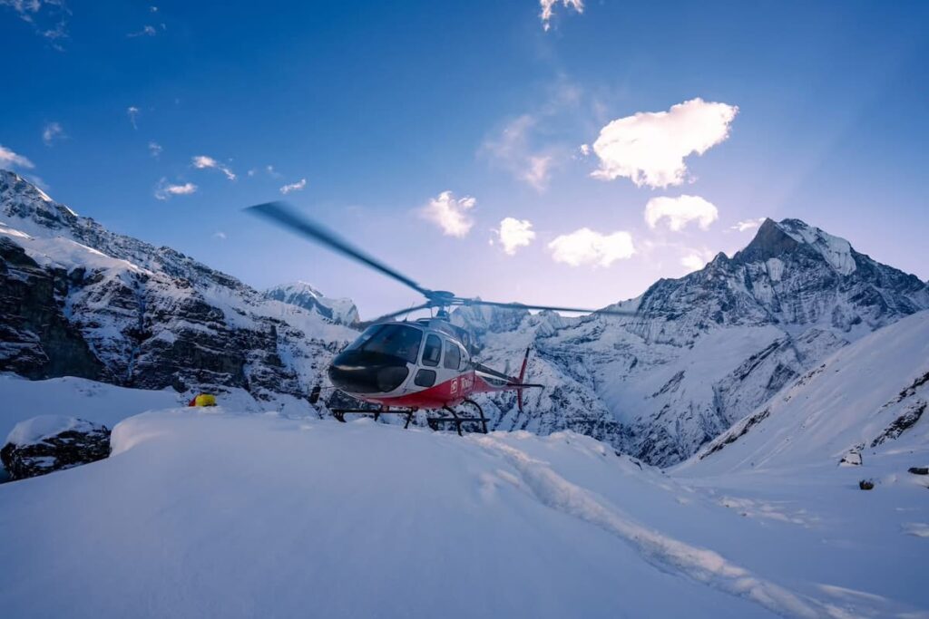 Annapurna Base Camp Helicopter Tour landing near Fishtail peak