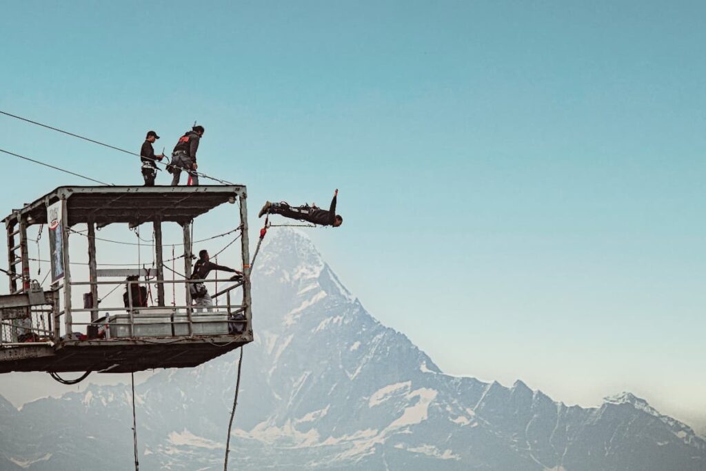 Seti River bungee jump with mountain backdrop