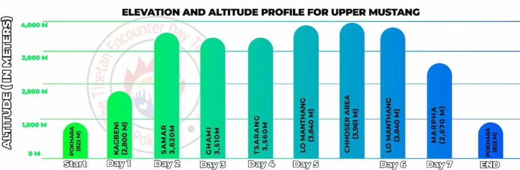 Upper Mustang Trek 8 Days (Lo Manthang Trek) elevation and altitude profile from Pokhara to Chhoser