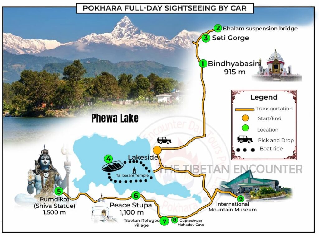 Route map of Pokhara full-day sightseeing tour by car showing 9 stops including Bindhyabasini Temple, Phewa Lake, Peace Pagoda, and International Mountain Museum